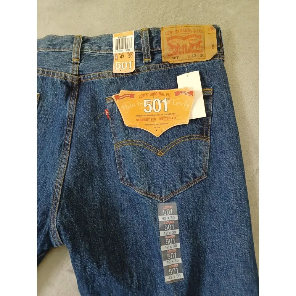 Levis‎ 501 Mens Jeans 42x30 Original Fit Straight Leg Button Fly Dark Wash New
